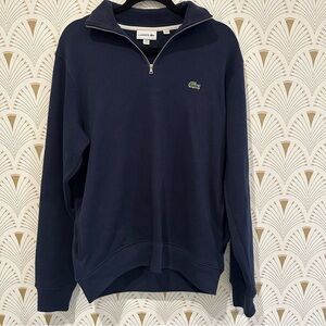 Lacoste Midnight Blue Zip Up High Neck Ribbed Cotton Sweatshirt Sweater, Sz M